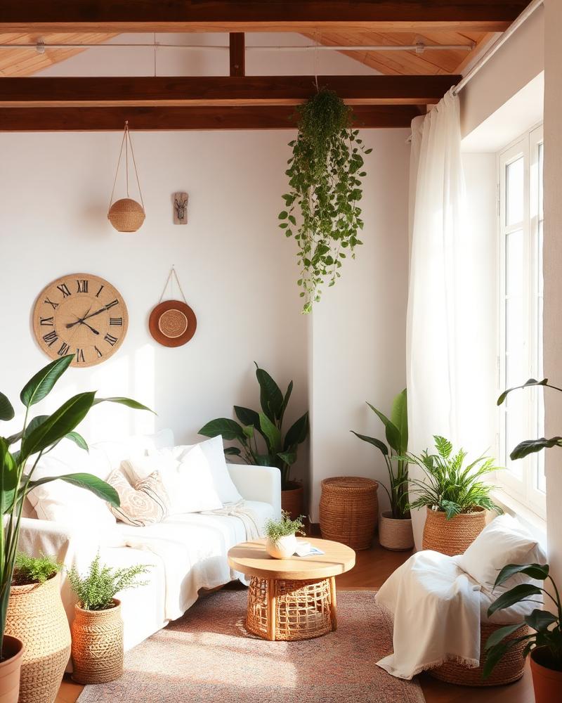 Sala do Loft Maresia com plantas e decoração boho